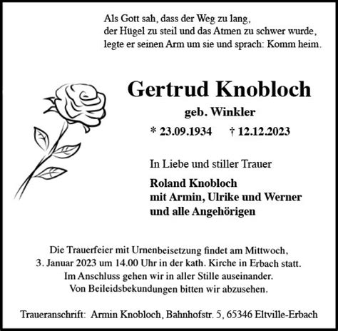 Traueranzeigen Von Gertrud Knobloch Vrm Trauer De