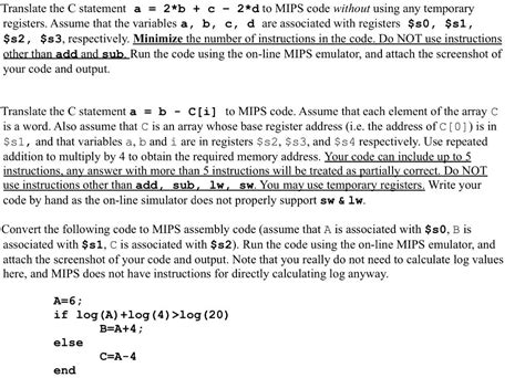 Solved Translate The C Statement A 2 B C2 D To MIPS Code Chegg