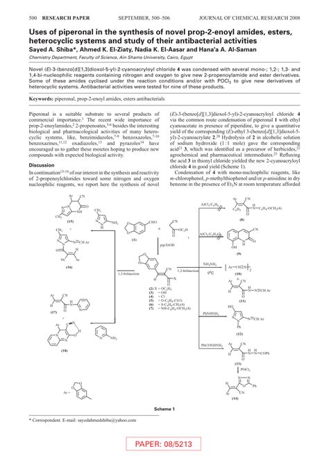 Uses of piperonal in the synthesis of novel prop-2-enoyl amides, esters ...