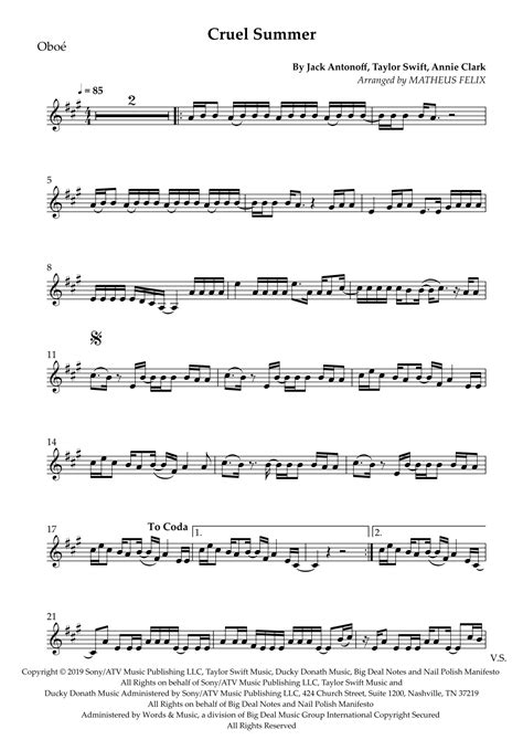 Cruel Summer Arr Matheus Felix Sheet Music Taylor Swift Oboe Solo