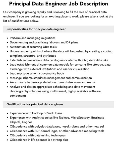 Principal Data Engineer Job Description Velvet Jobs