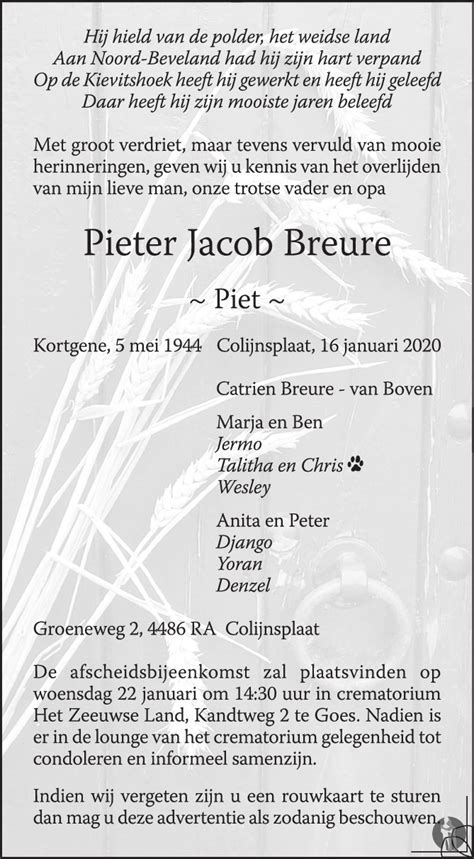 Pieter Jacob Piet Breure Overlijdensbericht En