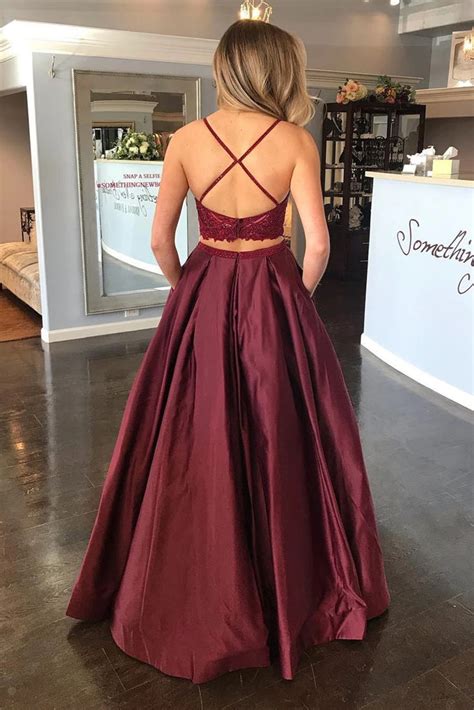 Two Pieces Lace Burgundy Long Prom Dress With Pocket Burgundy Lace Fo Abcprom