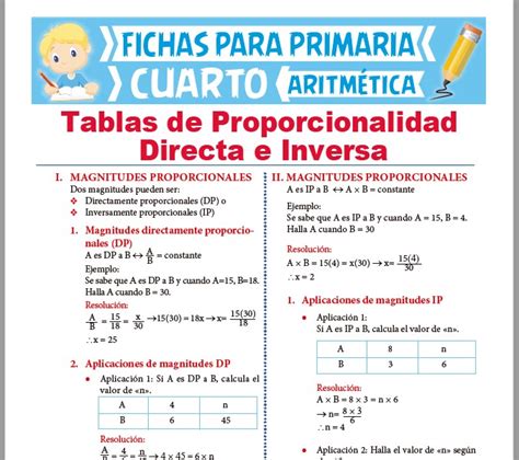 Ficha De Tablas De Proporcionalidad Directa E Inversa Para Cuarto Grado