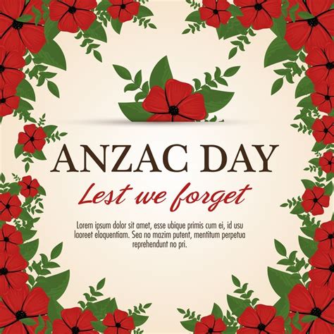 Anzac Day Poster With Red Poppy Flower Premium Vector