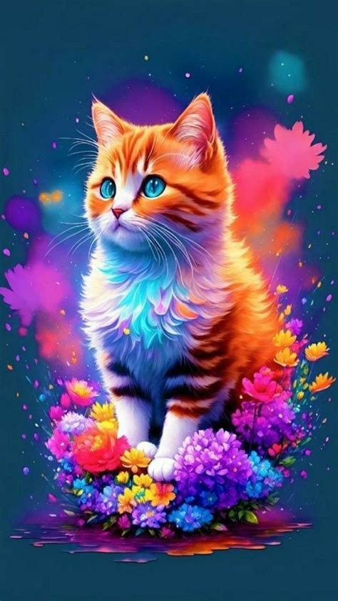 Cute Cat Wallpaper with Colorful Flowers