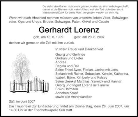 Traueranzeigen Von Gerhardt Lorenz Trauer HNA De