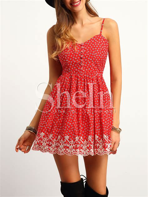 Vestido Bordado Flores Tirante Fino Sheinside Red Embroidery