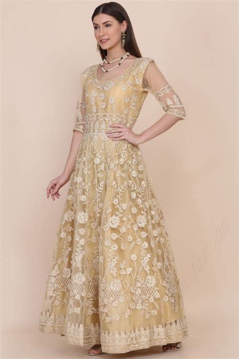 Embroidered Net Beige Anarkali Suit Lstv