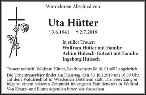 Traueranzeigen von Uta Hütter vrm trauer de