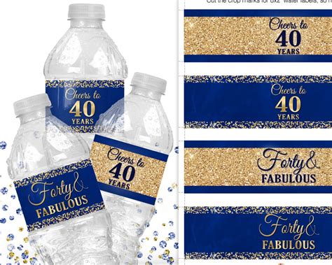 Blue Gold 40th Birthday Water Bottle Labels 40th Party Etsy