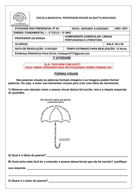 Poema Interpretação 5 Ano REVOEDUCA