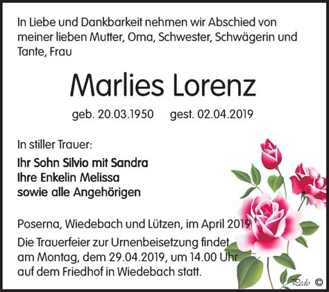 Traueranzeigen Von Marlies Lorenz Abschied Nehmen De