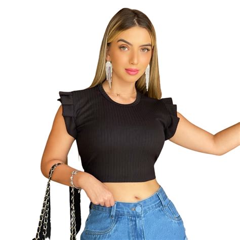 Blusa Feminina Cropped Manga Curta Canelada Gola Alta P M G Shopee Brasil