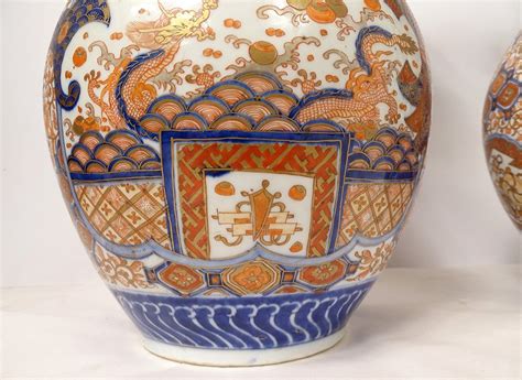 Proantic Paire Grands Vases Porcelaine Imari Japon Dragon Phoenix Dor