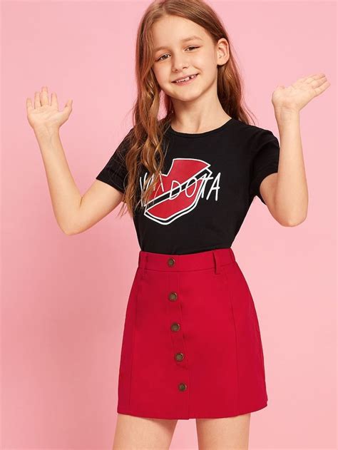 Girls Mixed Print Tee And Button Up Skirt Set Shein Girls Outfits