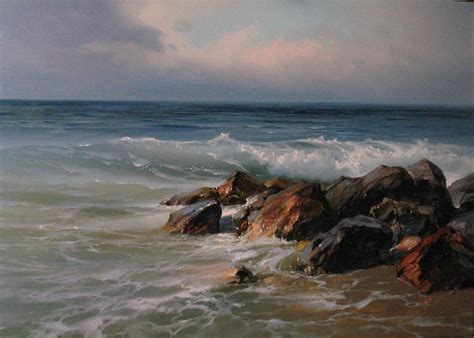 An Oil Painting Of Waves Crashing On Rocks In The Ocean