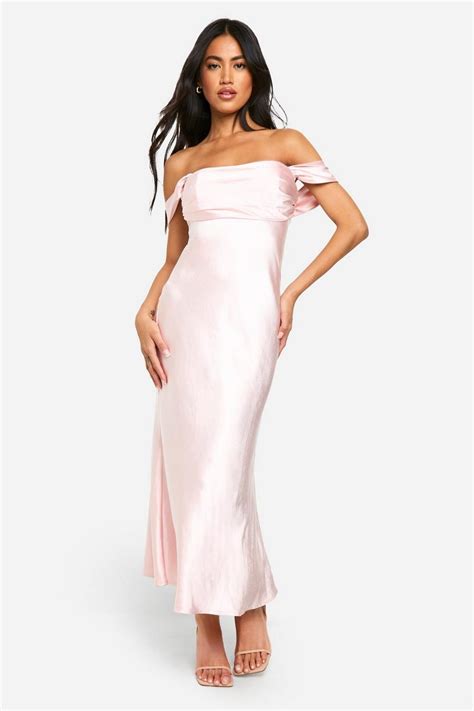 Satin Bardot Midaxi Dress Boohoo Uk