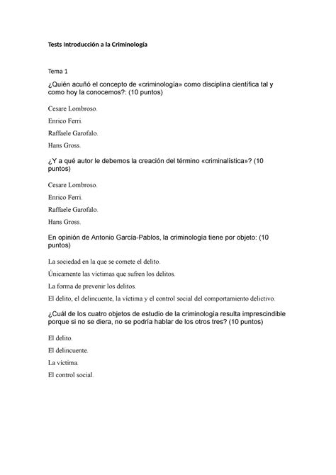 Tests Introducción a la Criminología Tests Introducción a la