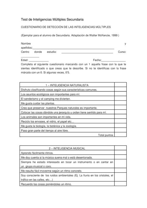 Test de Inteligencias Múltiples Secundaria Test de Inteligencias