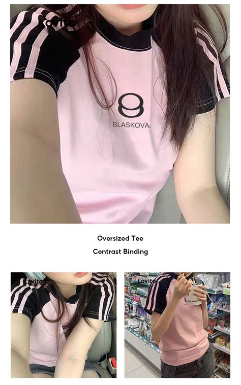 Lovito Casual Letter Colorblock Oversized Contrast Binding T Shirt For