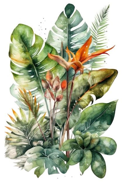 Premium Photo A Watercolor Painting Of Tropical Plants And Flowers