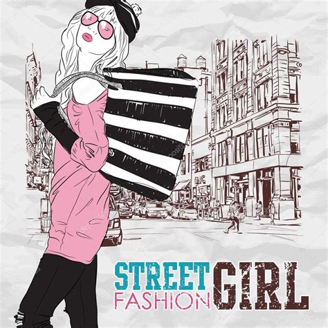 Cute Fashion Girl On A Street Background Hand Drawn Vector