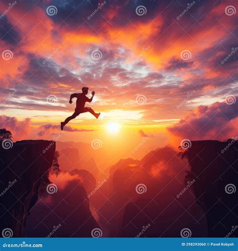 Man Jump Through The Gap Between Hill Man Jumping Over Cliff Stock