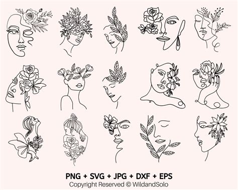 15 Flowers In Hair Svg Faces Woman Floral Line Art Svg Line Etsy Canada