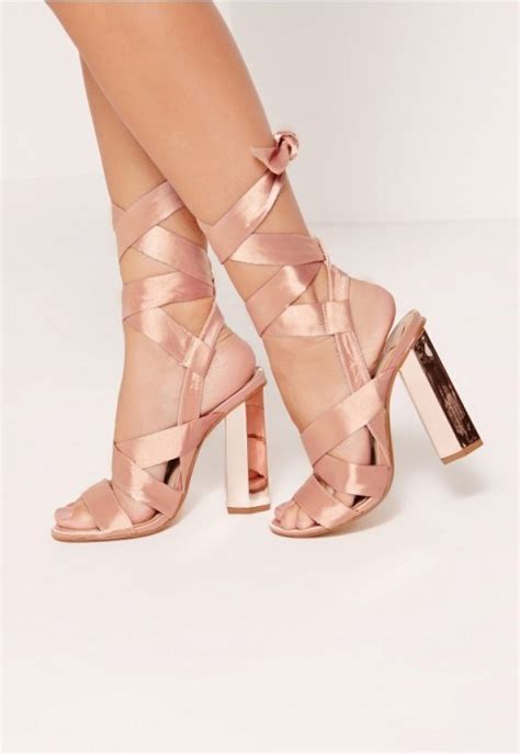 Missguided Block Heel Tie Satin Sandals Rose Gold Ankle Wrap Evening