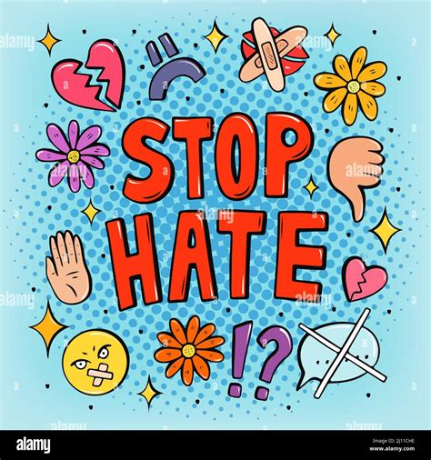 Stop Hate Pop Art Poster With Emojis Stop Hating Hand Drawn Vector