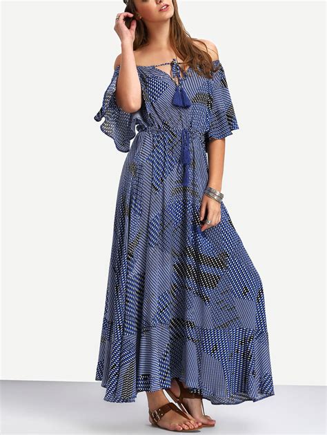 Off The Shoulder Tie Waist Ruffle Hem Maxi Dress Shein Sheinside