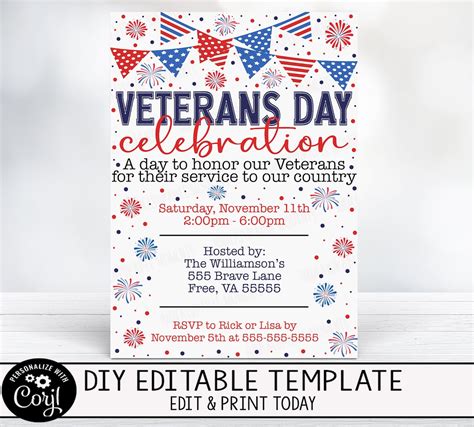 EDITABLE Veterans Day Invitation Vet Cookout Celebration Dinner Party