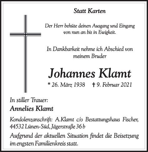 Traueranzeigen Von Johannes Klamt Trauer In Nrw De