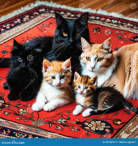 Cat And Cute Kittens Lie On The Carpet Stock Illustration