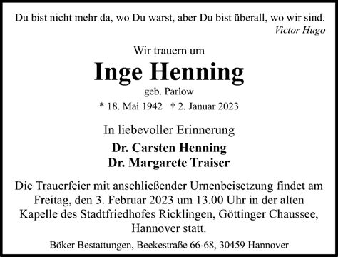 Traueranzeigen Von Inge Henning Trauer Anzeigen De