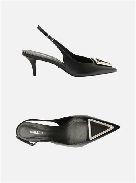 Scarpin Preto Arezzo Couro Bico Fino Slingback Metal Zz Mall