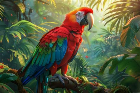 Majestic Red And Blue Macaw Parrot Perched In Lush Tropical Rainforest