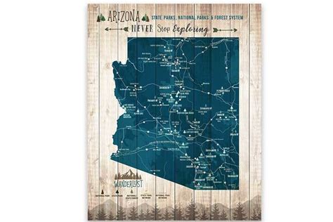 Arizona Map State Park Map Hiking Ts 20x30 Navy Blue State