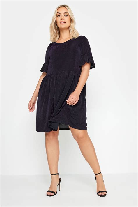 Yours Curve Plus Size Black Purple Glitter Frill Sleeve Tunic Dress