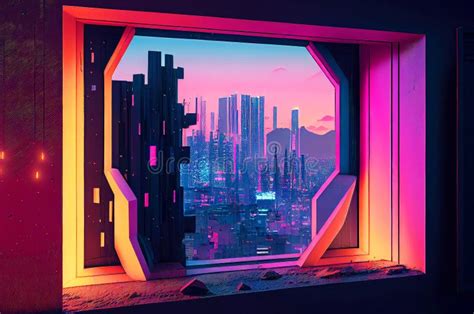 Futuristic Interior With Dystopian Cyberpunk Megapolis View Behind The