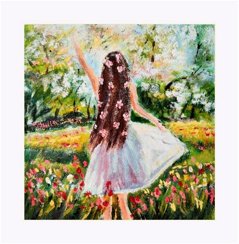 Girl Painting Original Art Spring Landscape Flower Head Painting Meadow ...