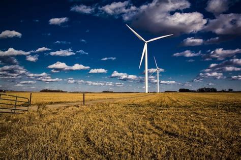 Premium Photo Wind Turbines On Field Against Blue Sky