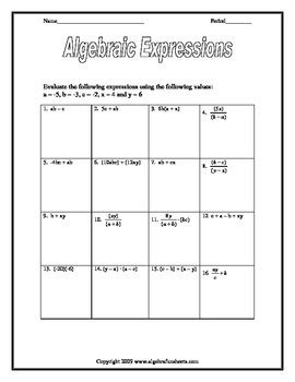 Evaluating Algebraic Expressions Worksheet by Algebra Funsheets | TpT