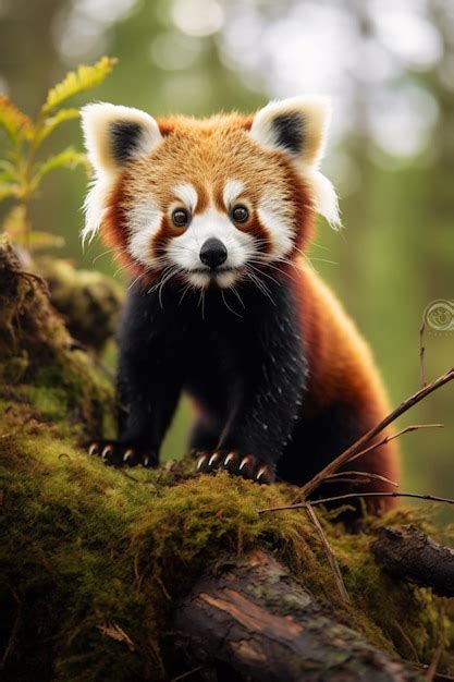 Há um panda vermelho sentado num ramo de árvore na floresta Foto Premium