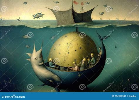 Underwater World Painting In Hieronymus Bosch Style Illustration