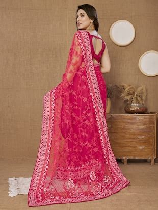 Buy Online Pink Net Embroidered Saree From Ethnic Wear For Women By