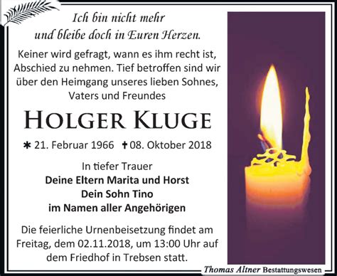 Traueranzeigen Von Holger Kluge Trauer Anzeigen De