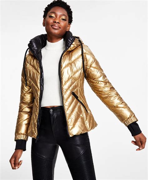 Guess Womens Metallic Quilted Hooded Puffer Coat Created For Macys Macys