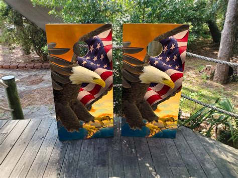 Waving American Flag Bald Eagle Cornhole Wraps Skins